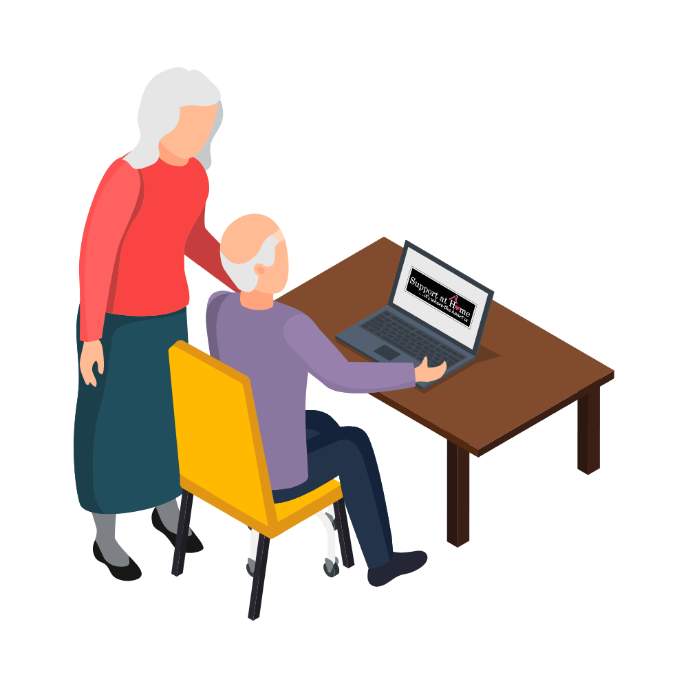 Client using their computer to receive digital care from support at home